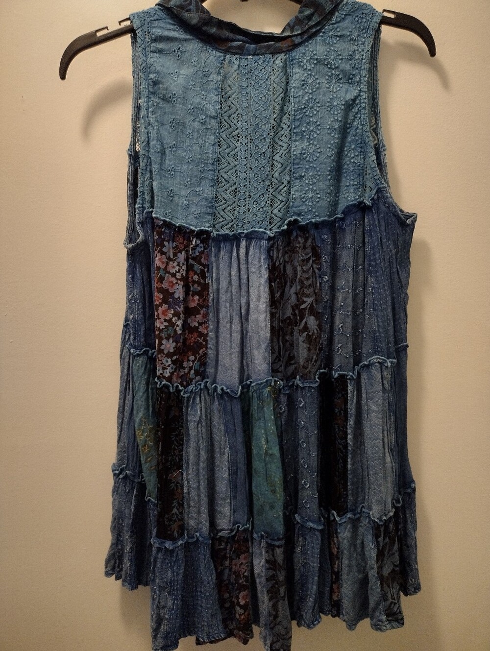 Sleeveless Blue Patchwork Button-Front Blouse by May Treats - Picture 4 of 5